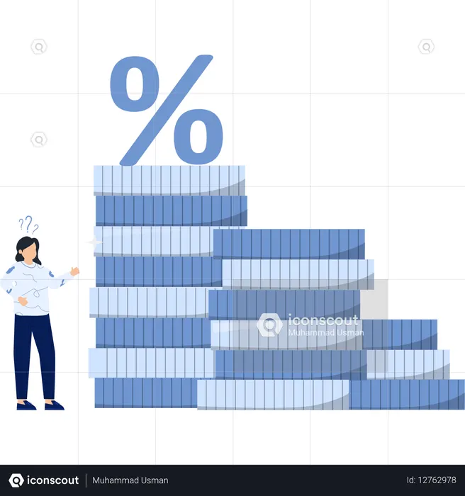 Confused businesswoman showing Percentage Symbol with Stacked Chart  Illustration