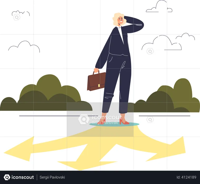 Confused businesswoman standing on crossroad making decision of development direction  Illustration