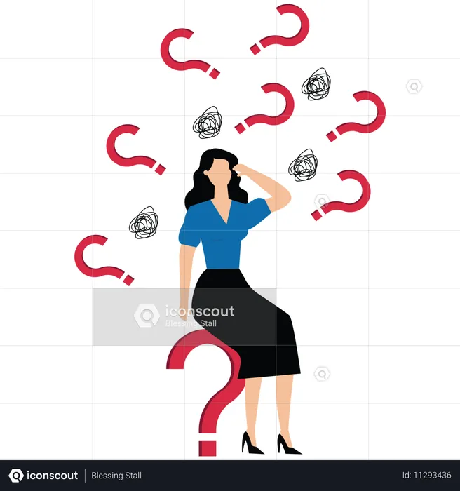 Confused businesswoman surrounded by question marks  Illustration