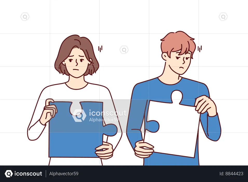 Confused colleagues holding puzzle pieces in hands  Illustration