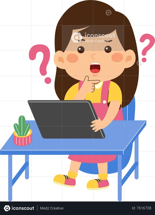 Confused cute little kid girl use graphic tablet  Illustration