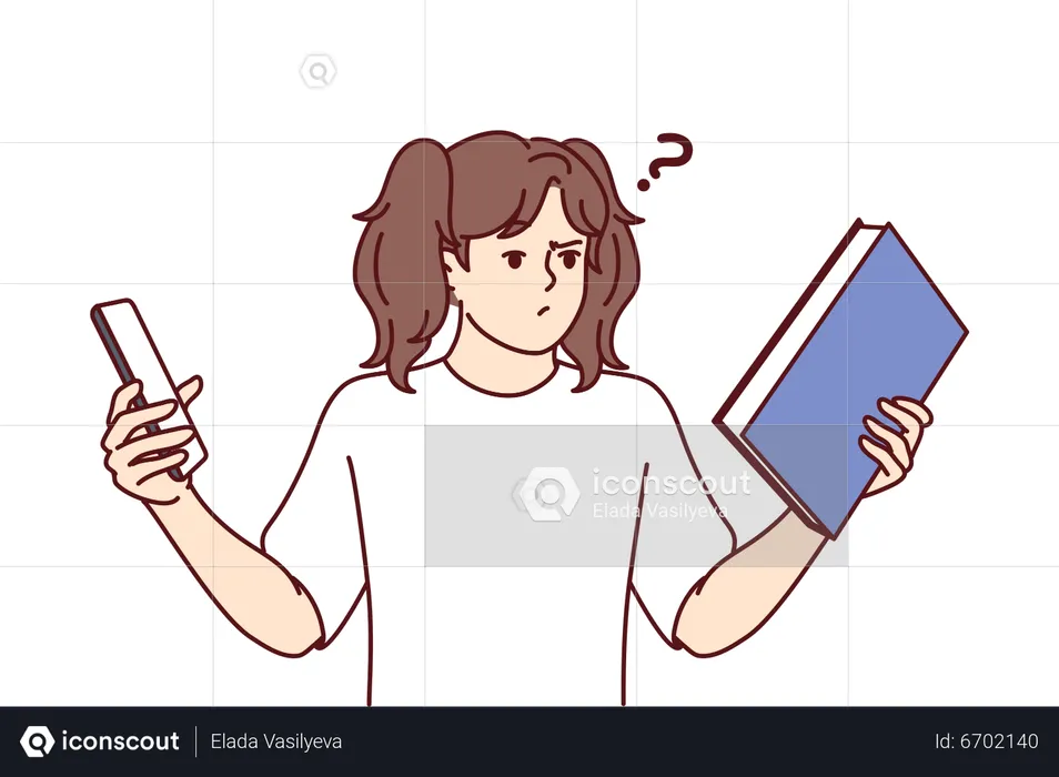 Confused girl between book and phone  Illustration
