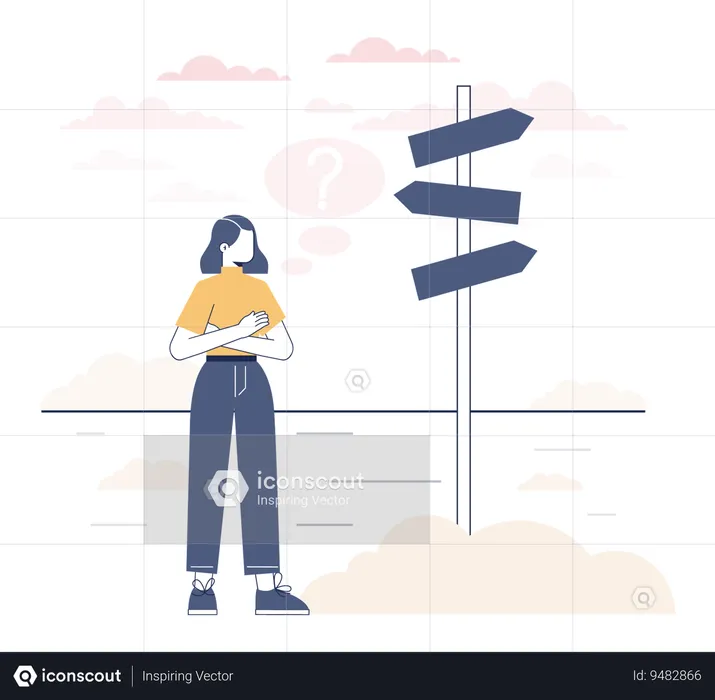 Confused girl thinking about direction board  Illustration