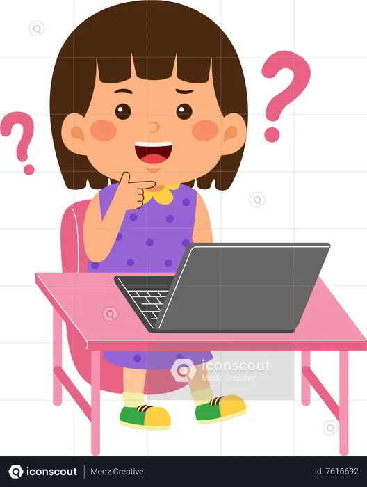 Confused Little kid girl use laptop  Illustration