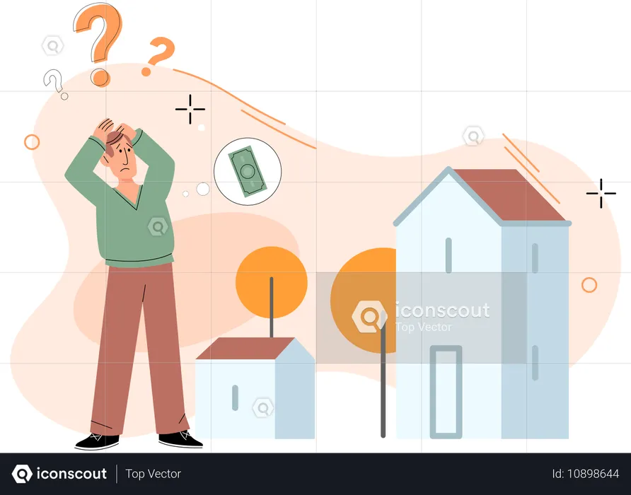 Confused man buying house  Illustration