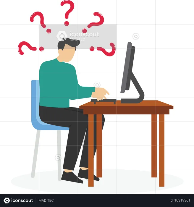 Confused man doing assignments in front of a laptop  Illustration