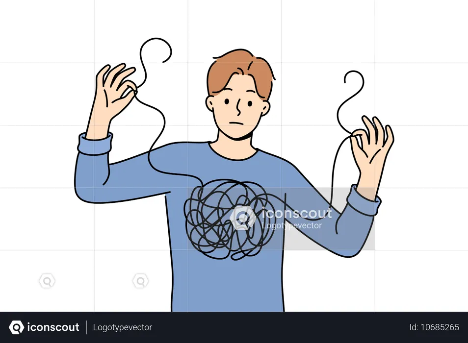 혼란스러운 남자가 스레드를 해결하려고 시도  일러스트레이션