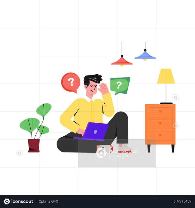 Confused Man Working On Laptop  Illustration