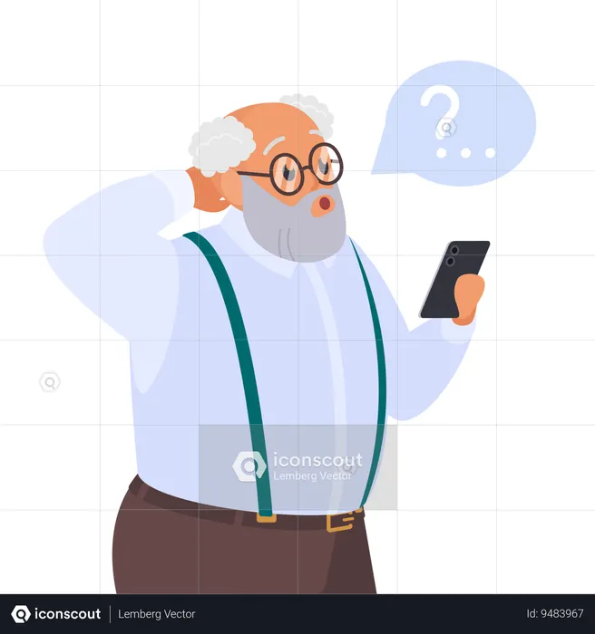 Confused old man holding phone  Illustration