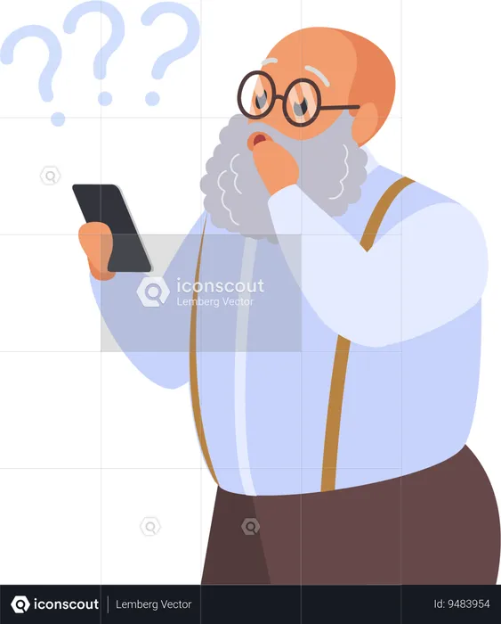 Confused senior man with phones  Illustration