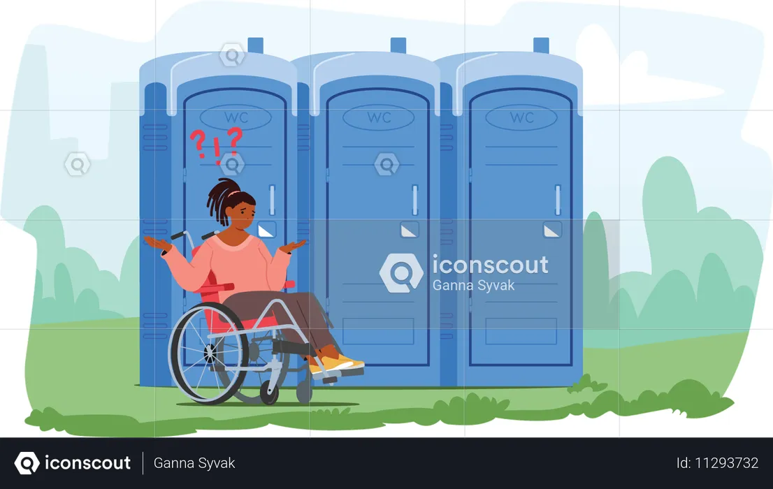 Confused teenage girl in wheelchair having troubles with outdoor public WC usage  Illustration