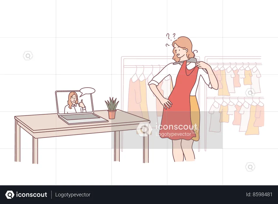 Confused woman talking online with friend while choosing dress  Illustration