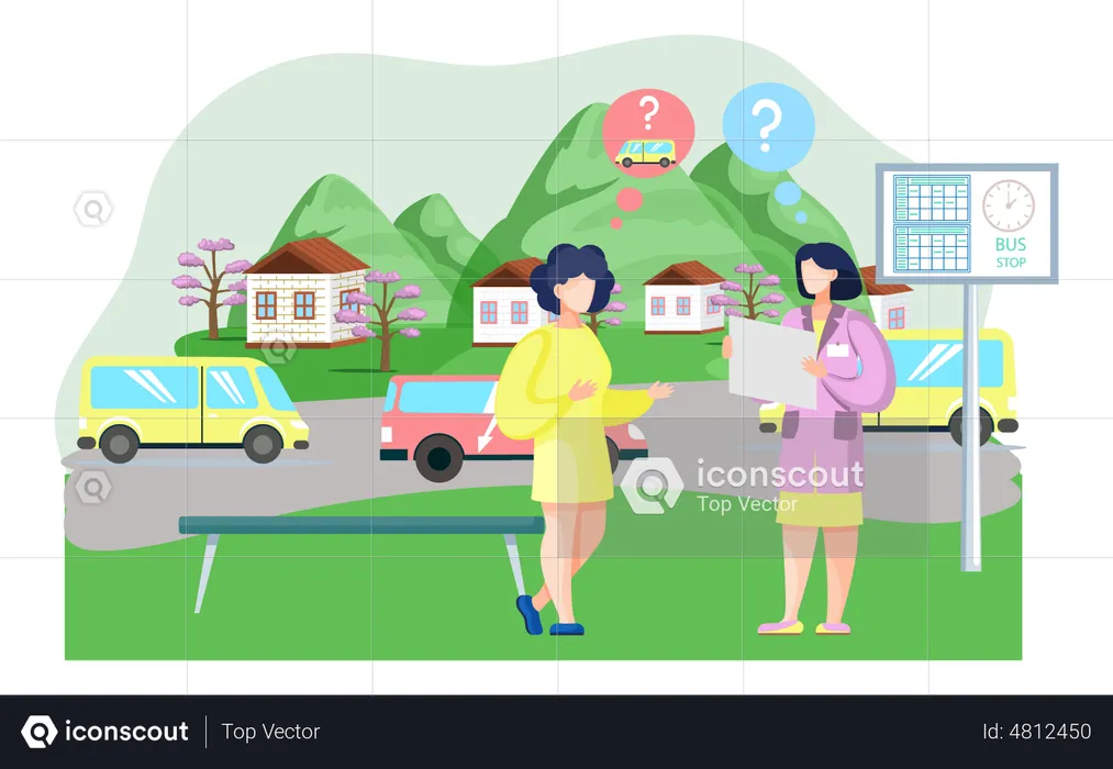 Confused Woman Waiting For Bus  Illustration