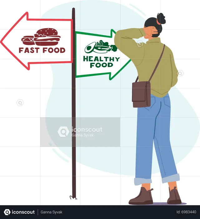 Confused woman with choice between healthy and unhealthy foods  Illustration