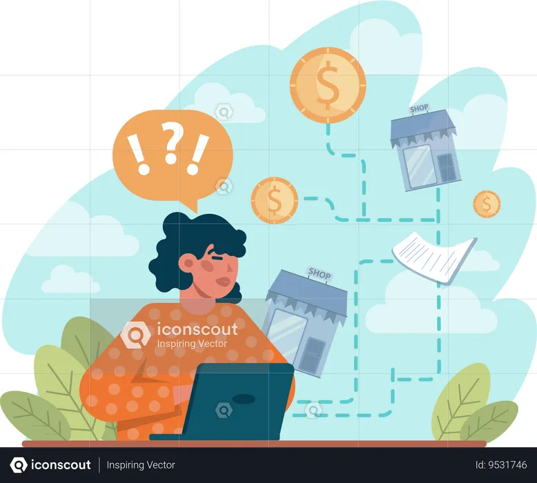 Confused woman working on shop budget  Illustration