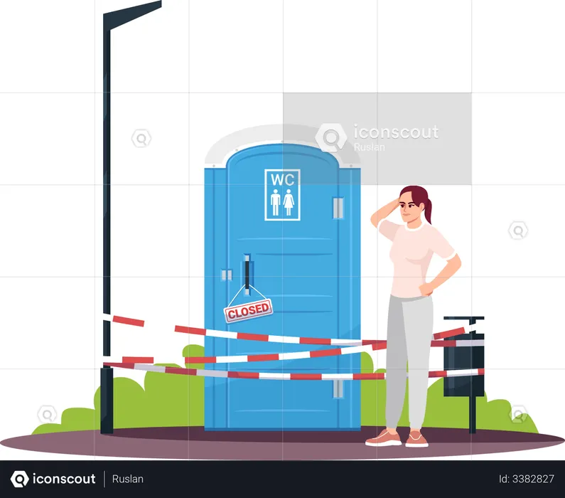 Confused young woman next to a closed WC  Illustration