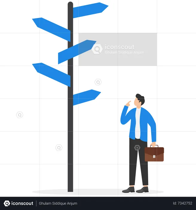 Confusing businessmen looking at multiple road sign with question marks and thinking which way to go  Illustration