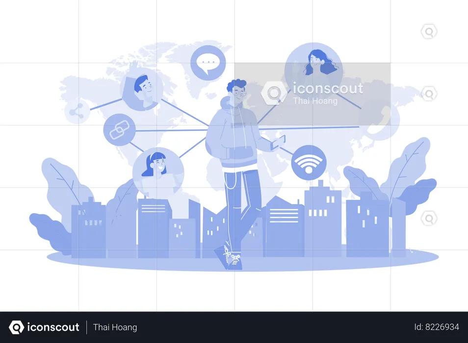 Connect social media network flowchart with online calls  Illustration