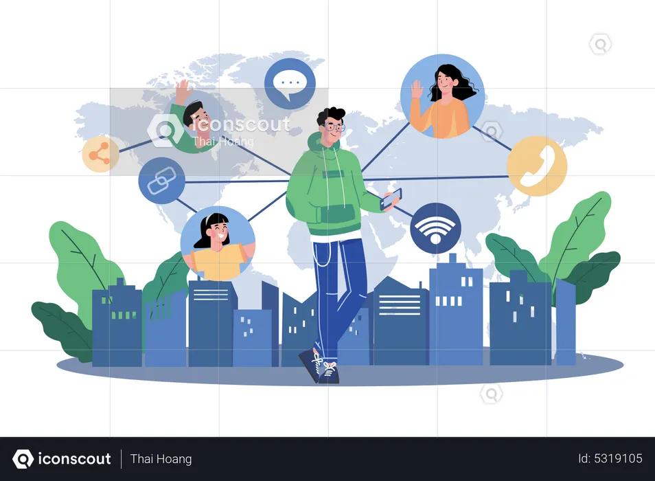 Connect social media network flowchart with online calls  Illustration