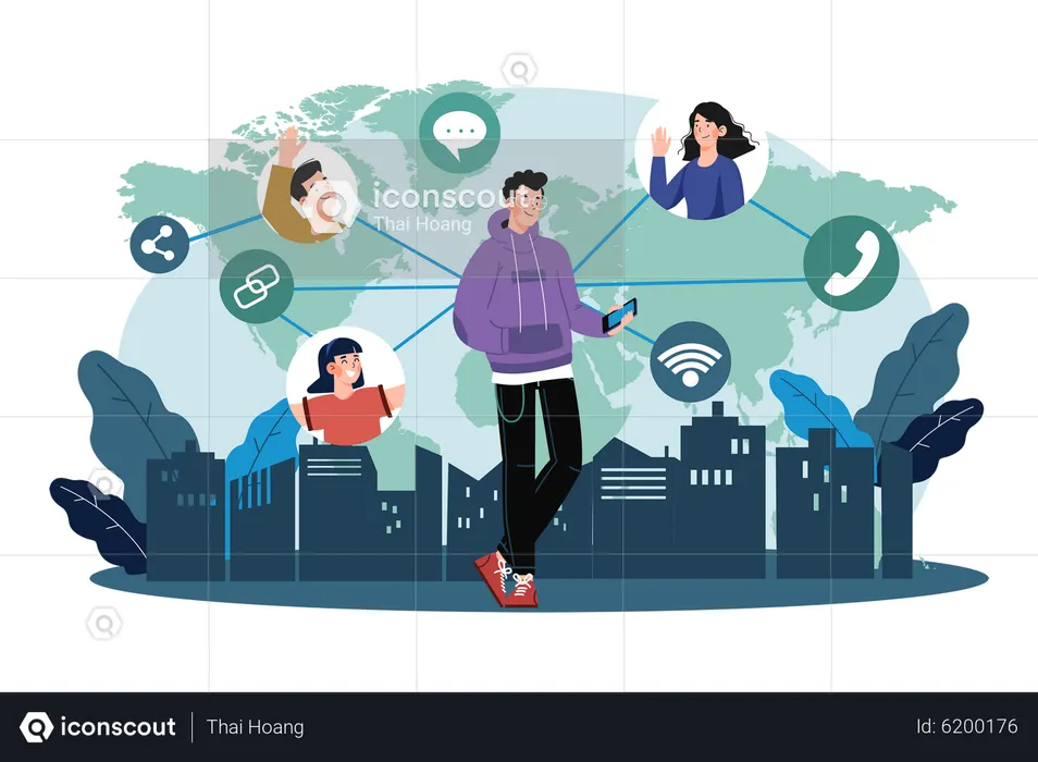 Connect social media network flowchart with online calls  Illustration