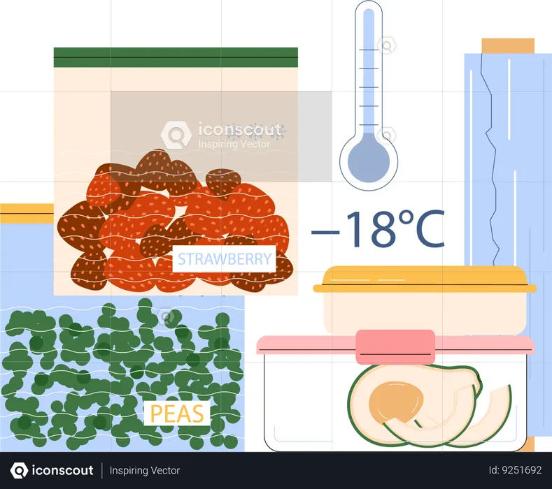 Conservación de frutas y verduras en congelador.  Ilustración