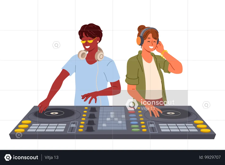 Deux DJ utilisent une console de mixage pour divertir les visiteurs d'une discothèque en discothèque  Illustration