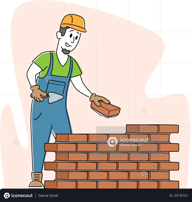 Personnage masculin de constructeur portant un casque et une truelle de maintien uniforme, mettre du béton pour la pose d'un mur de briques sur un chantier de construction  Illustration