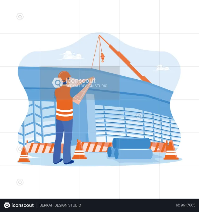 Construction Engineer Holding Construction Plans At Construction Site.  Illustration