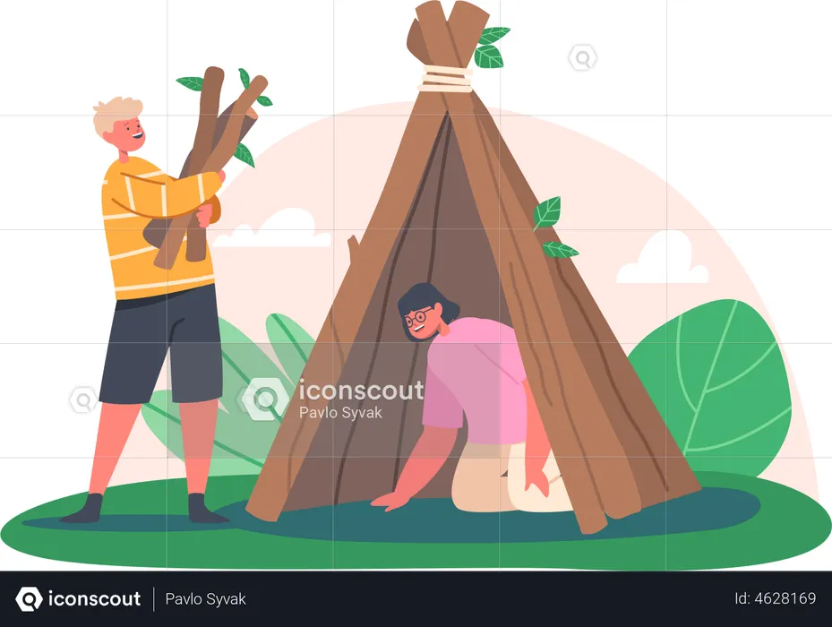 Enfants construisant une cabane de branches d'arbres  Illustration