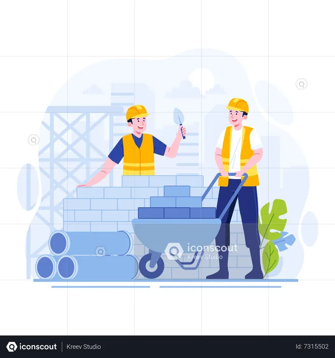 Construction worker building brick wall  Illustration
