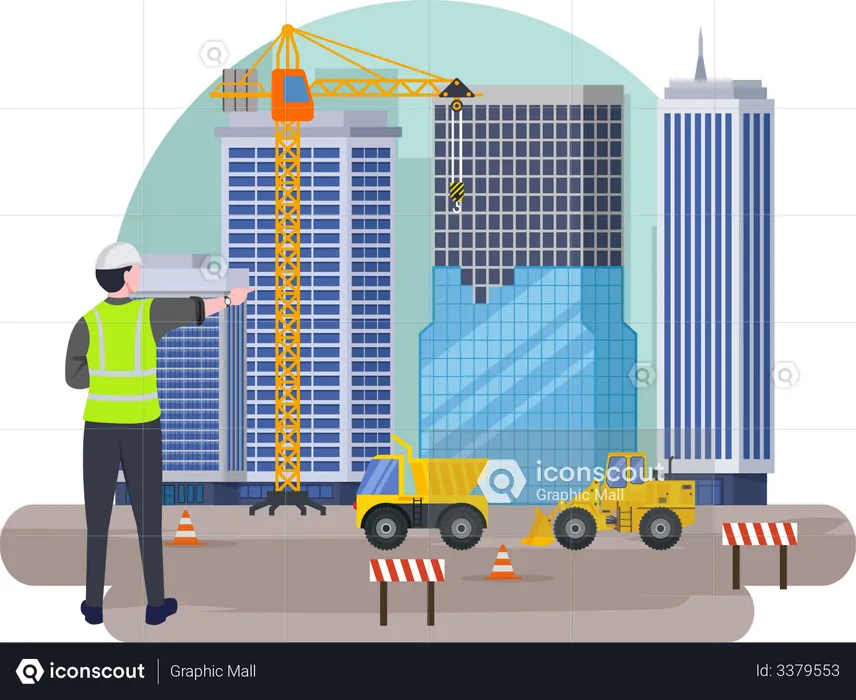 Construction worker checking project progress  Illustration