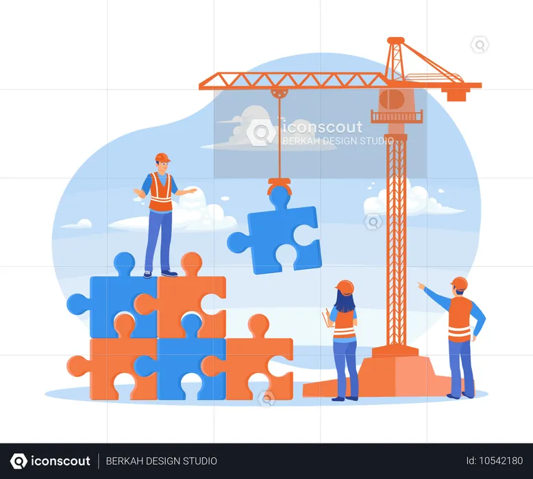 クレーンを使ってパズルのピースをつなげる建設作業員  イラスト