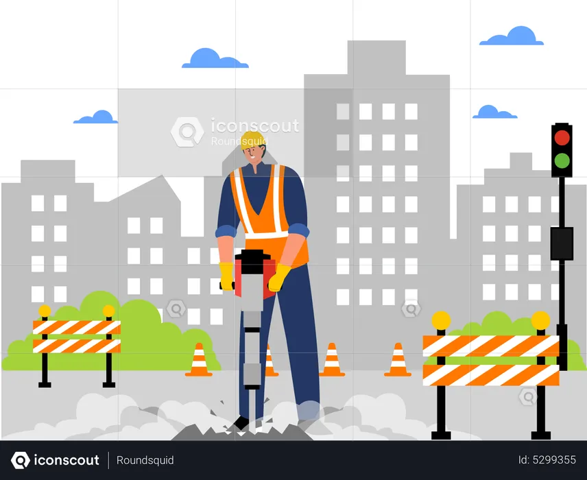 Construction Worker drilling road  Illustration