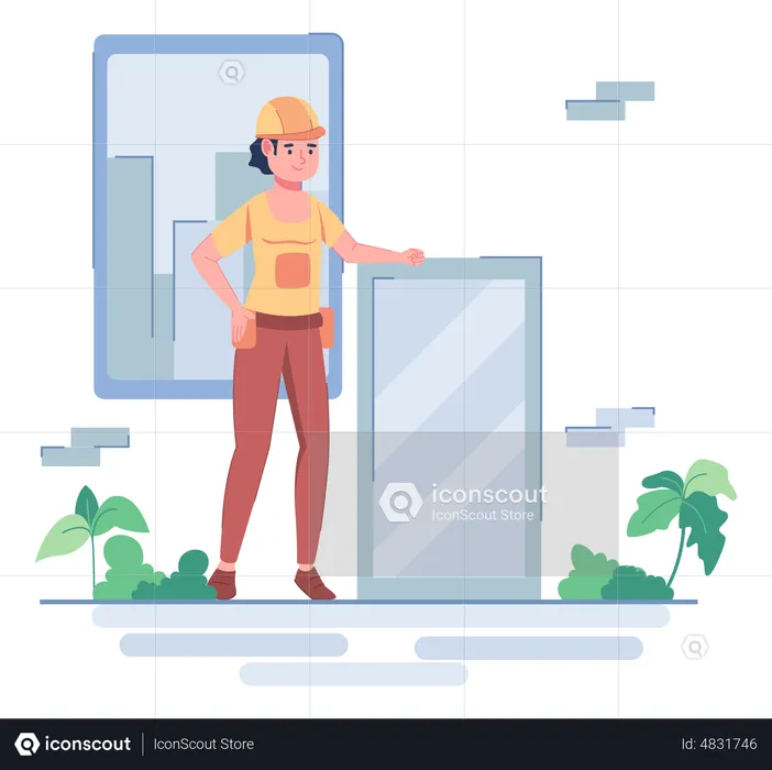 Construction worker holding glass window  Illustration