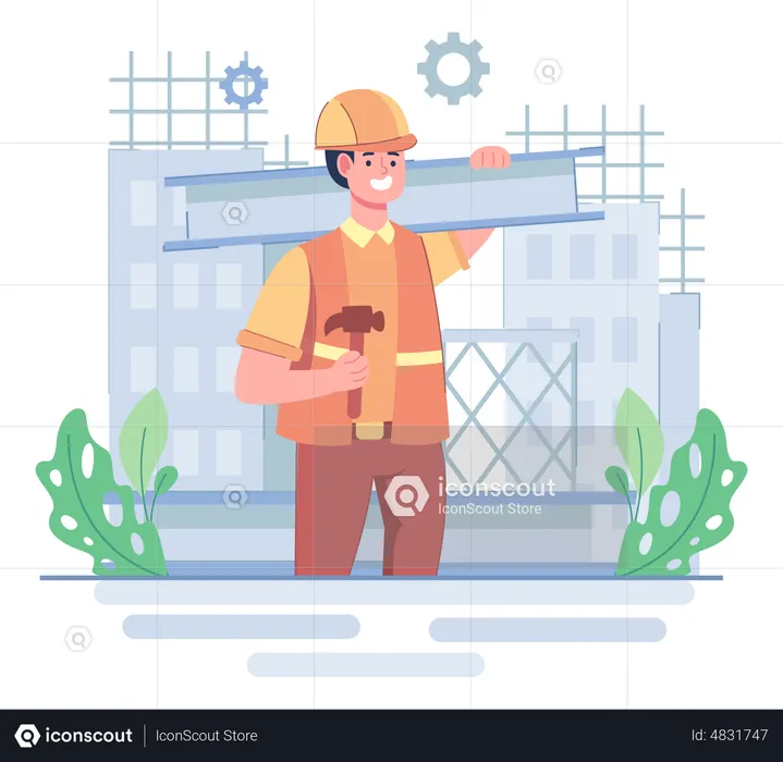 Construction worker holding hammer and iron road  Illustration