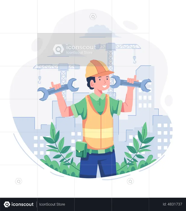 Construction worker holding wrench  Illustration