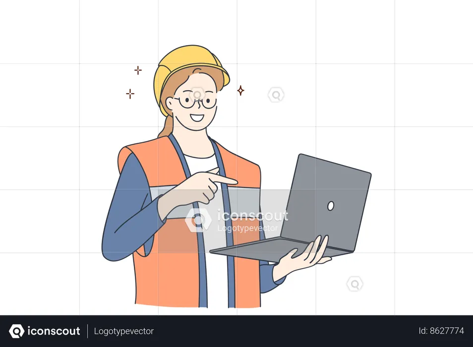 Construction worker is viewing site status online  Illustration