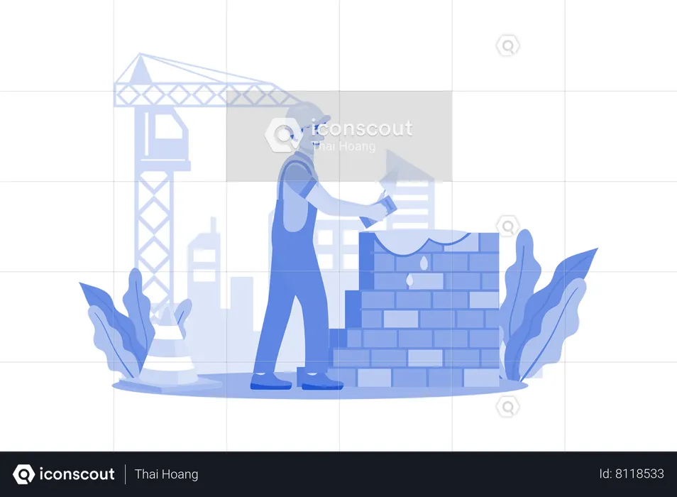 Construction worker lays bricks for wall building  Illustration