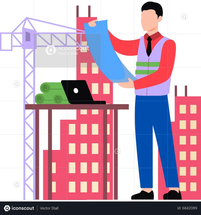 Construction worker looking at design of building  Illustration