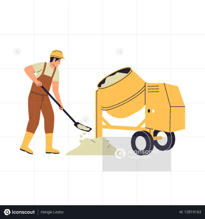 Construction Worker Mixing Cement with Shovel and Concrete Mixer  Illustration