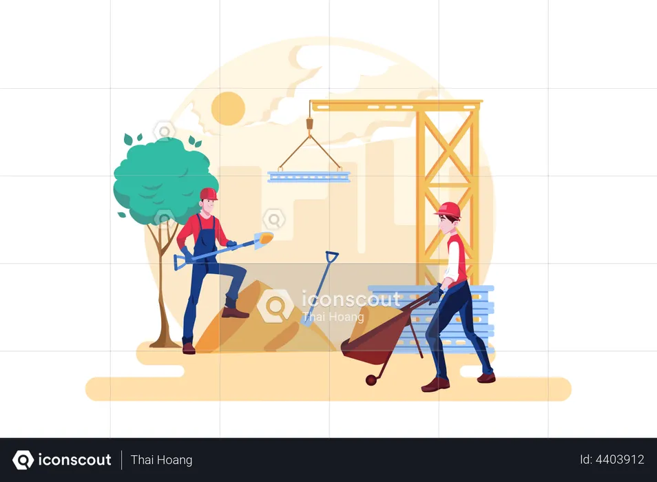 Construction worker pushing a sand trolley  Illustration