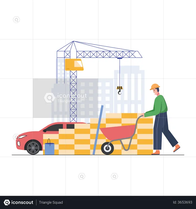 Construction worker pushing sand trolley  Illustration