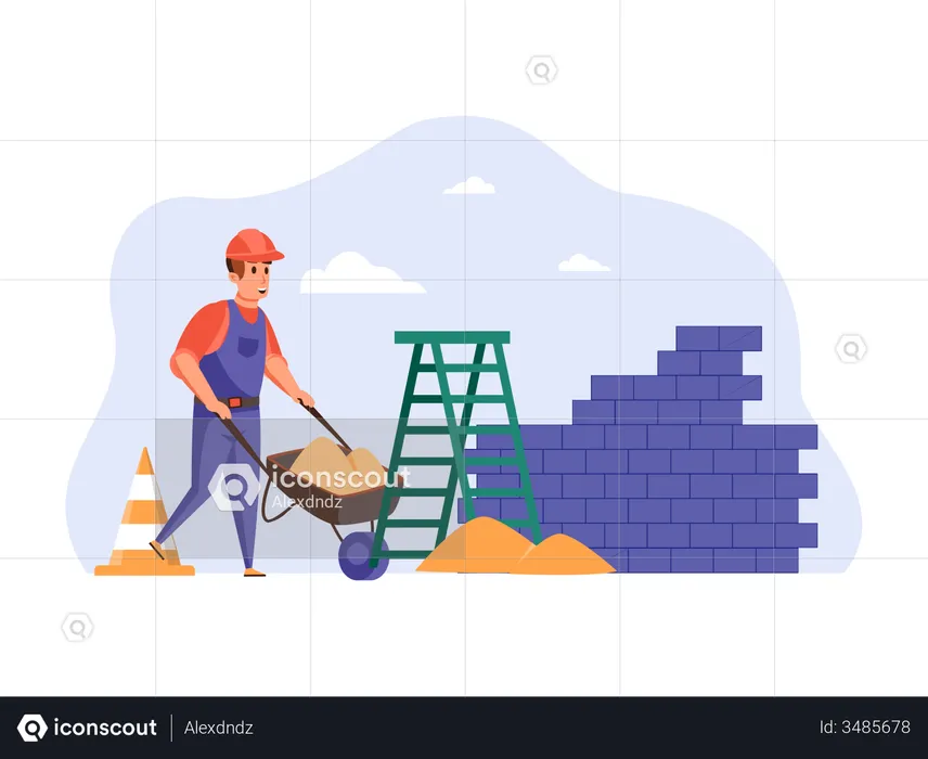 Construction worker pushing sand trolley  Illustration