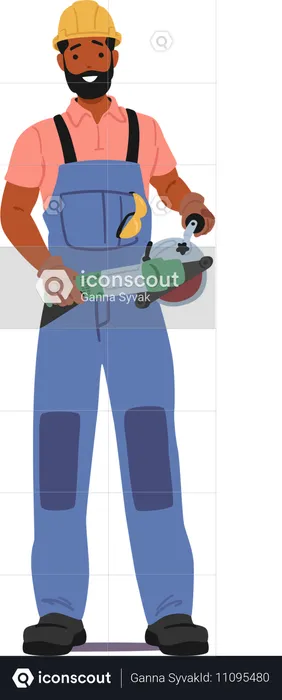 Construction Worker Standing Poised With Grinder Tool In Hands  Illustration