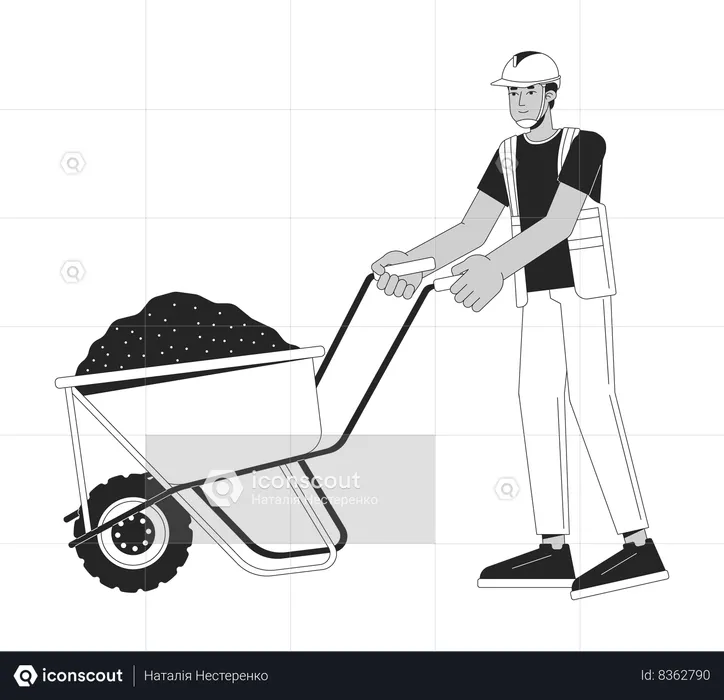 Construction worker transporting concrete on wheelbarrow  Illustration
