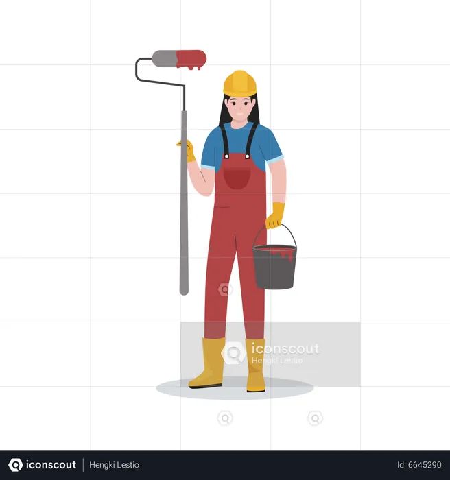 Construction worker with paint bucket and brush  Illustration