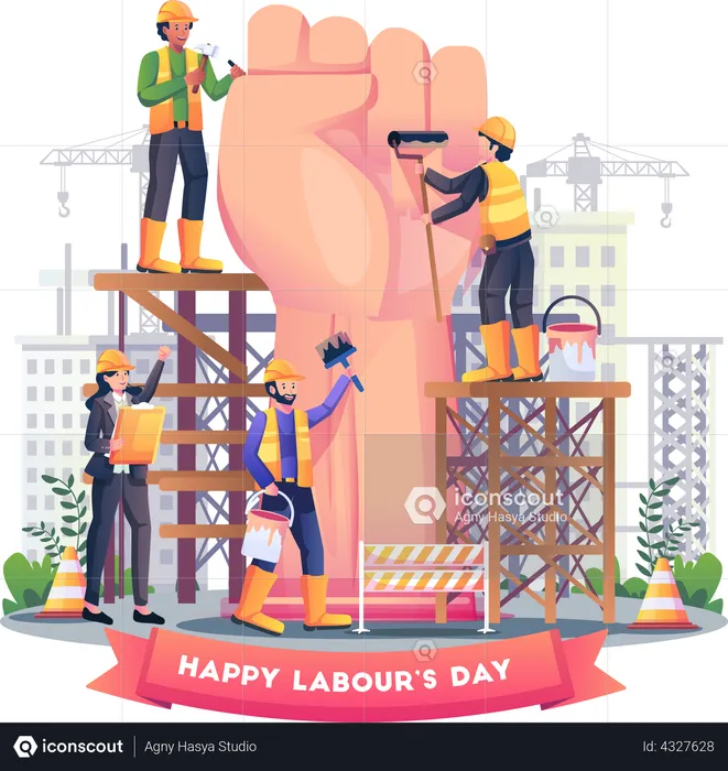 Construction workers are building a giant fist arm to celebrate labour day on 1st May  Illustration