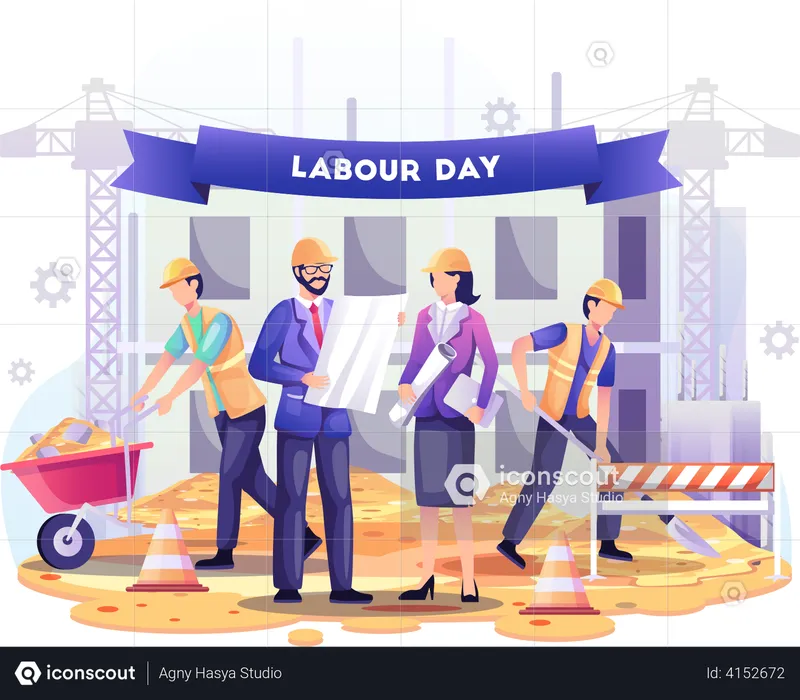 Construction workers are working on building  Illustration