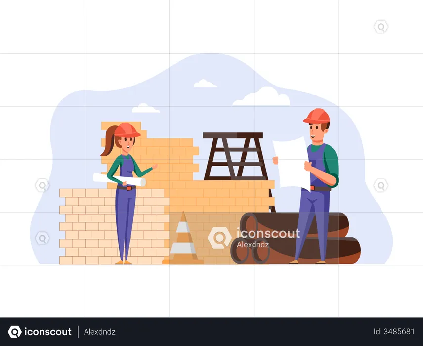 Construction workers checking building plan  Illustration