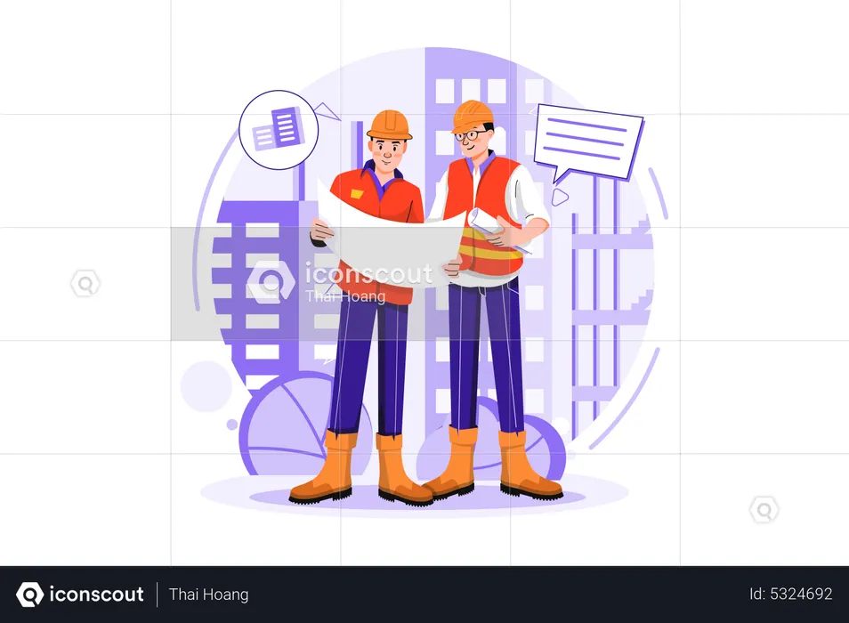 Construction workers discussing on building plan  Illustration